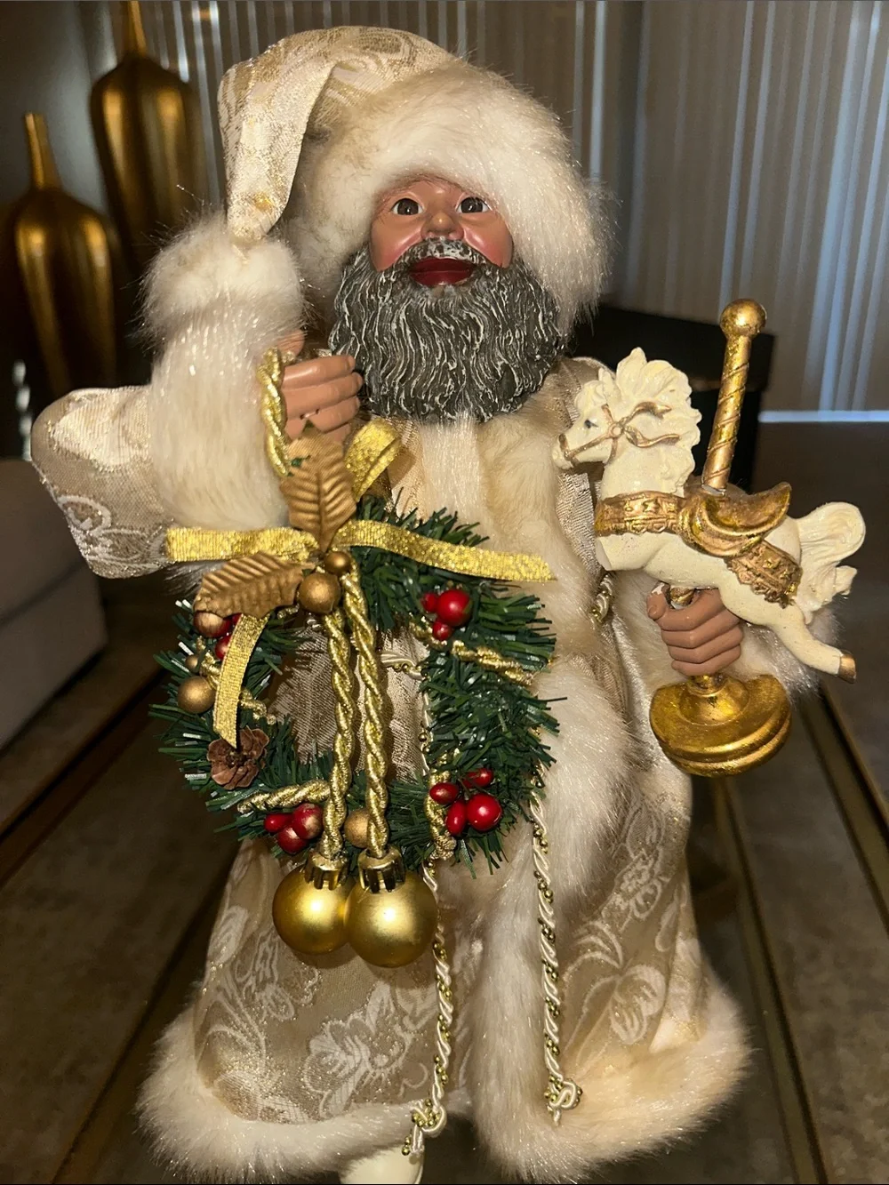 Holiday African American Santa Figurine in Cream and Gold